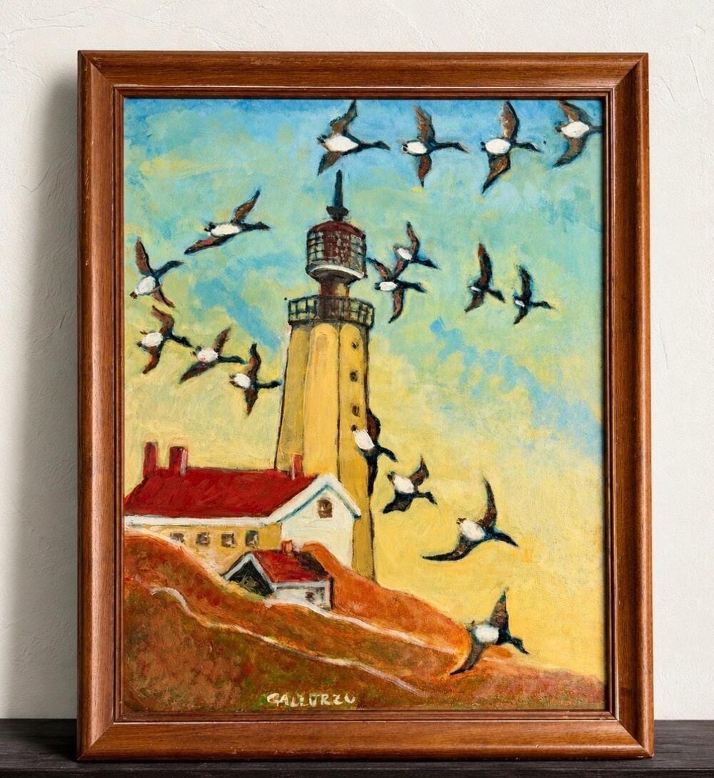 Vintage Original Lighthouse Painting Flying Seabirds Signed Coastal Wall Decor